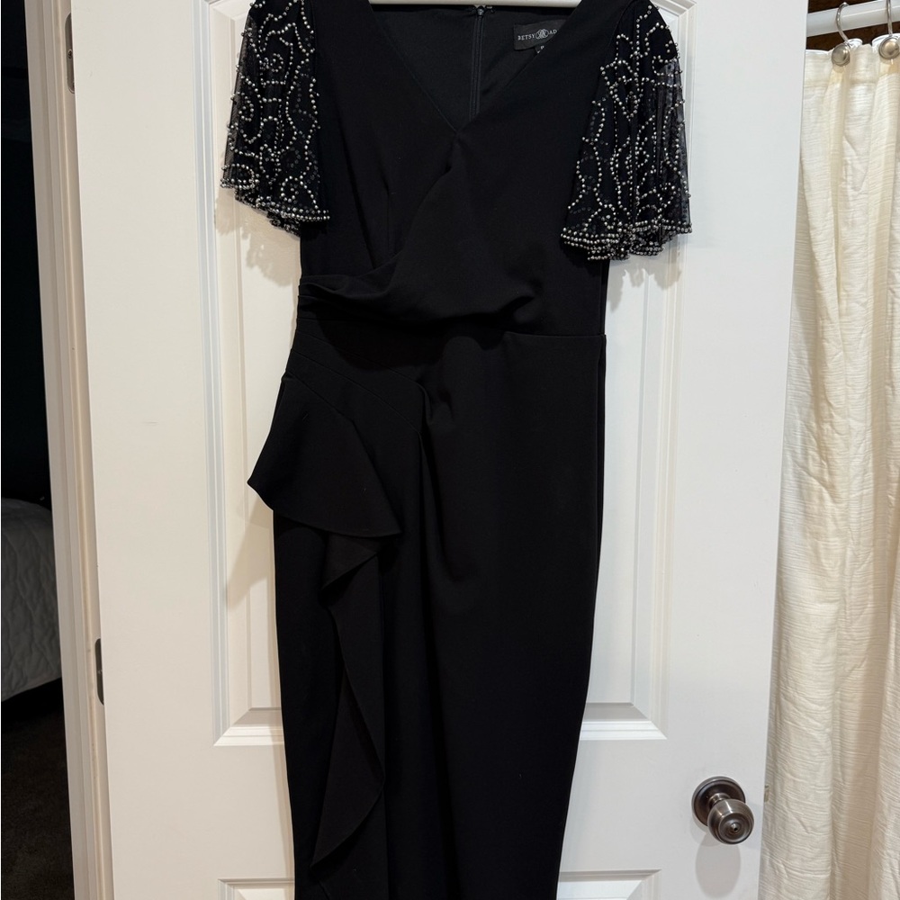 Betsy & Adam Black Dress with Beaded Sheer Sleeves